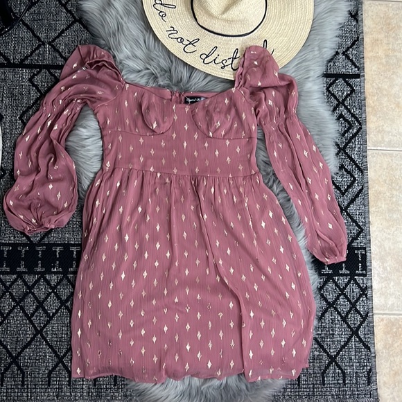 NWOT Crystal Doll Off Shoulder Tulle Flouncy Pink Gold Dress sz M - Picture 1 of 10